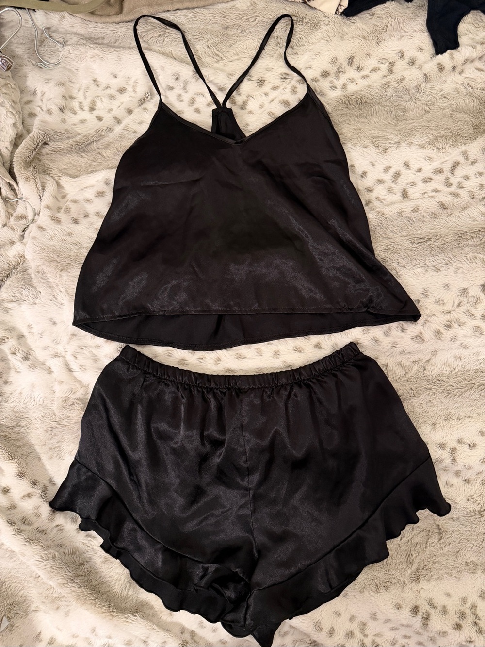 Black Satin Cami Ruffle Shorts Set Romantic Lingerie Pajama Coquette Sleepwear